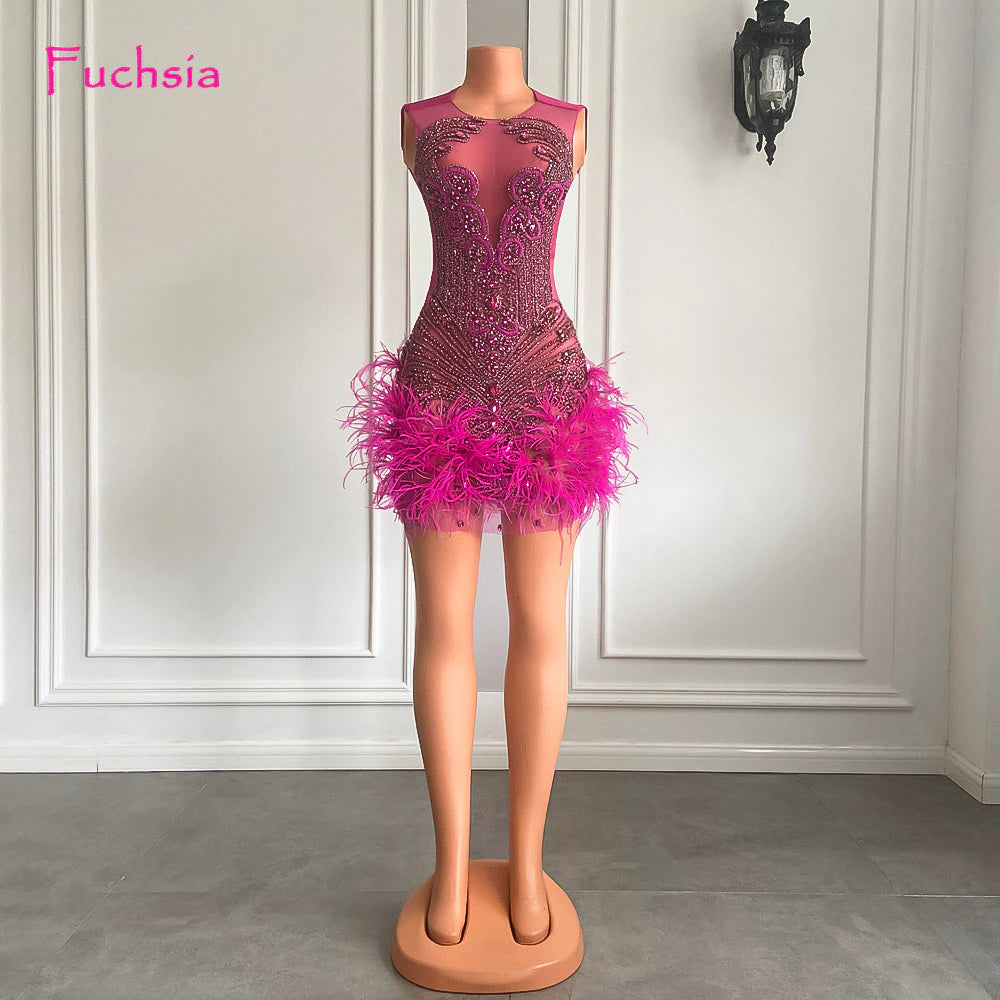 Robe d'anniversaire de luxe rose diamant pour femme, sexy, transparente, plumes, pour occasion formelle, cocktail, robes de bal courtes noires pour filles 