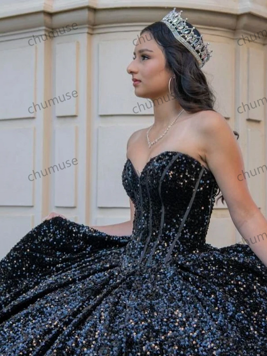Sparkling Black Quinceanera Dress Princess Prom Ball Gown Sequined Sweet 16 XV Years Old Miss Birthday Dress Pageant Mexica