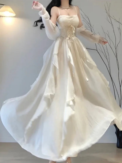 Robe vintage trapèze à bretelles spaghetti ivoire pour fêtes, anniversaires