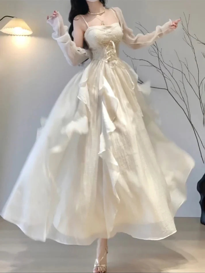 Robe vintage trapèze à bretelles spaghetti ivoire pour fêtes, anniversaires