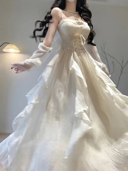 Robe vintage trapèze à bretelles spaghetti ivoire pour fêtes, anniversaires