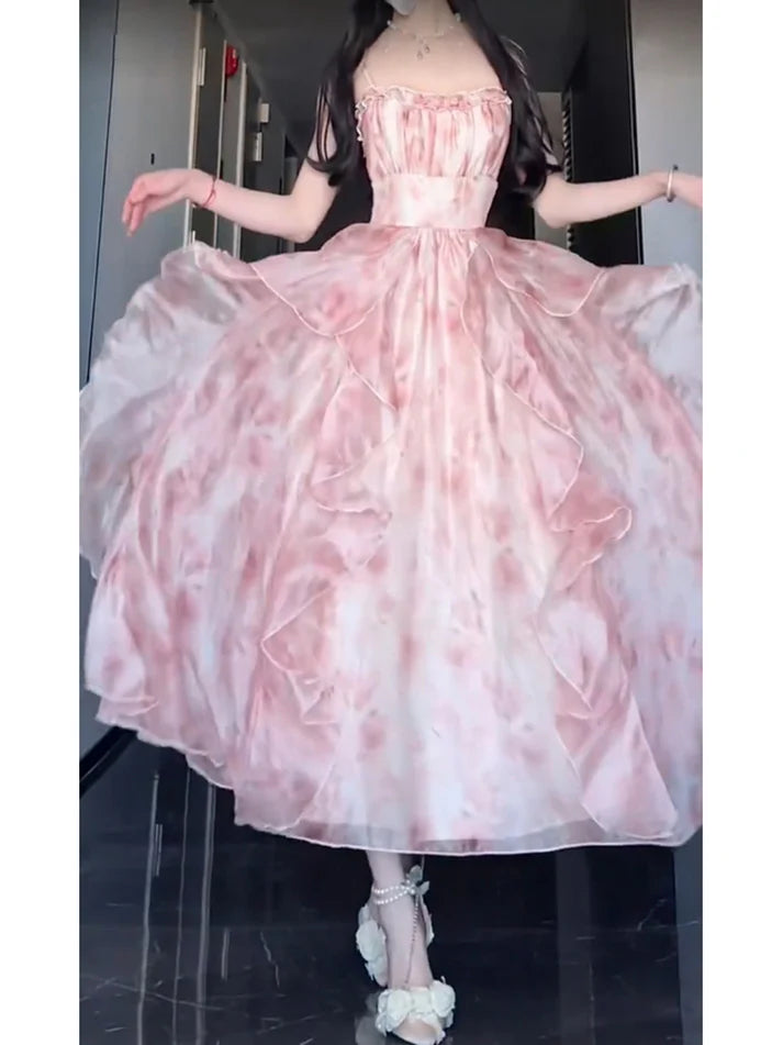 Robe vintage trapèze à bretelles spaghetti, motif floral rose, tenue de fête, d'anniversaire