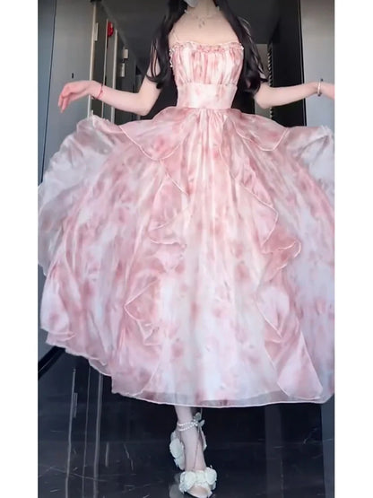 Robe vintage trapèze à bretelles spaghetti, motif floral rose, tenue de fête, d'anniversaire