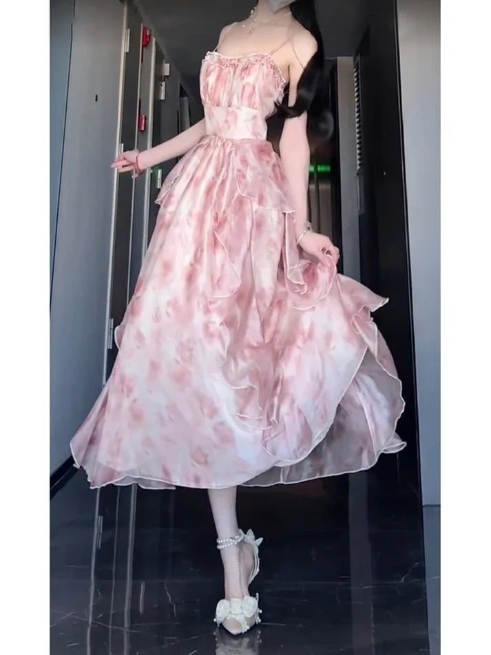 Robe vintage trapèze à bretelles spaghetti, motif floral rose, tenue de fête, d'anniversaire