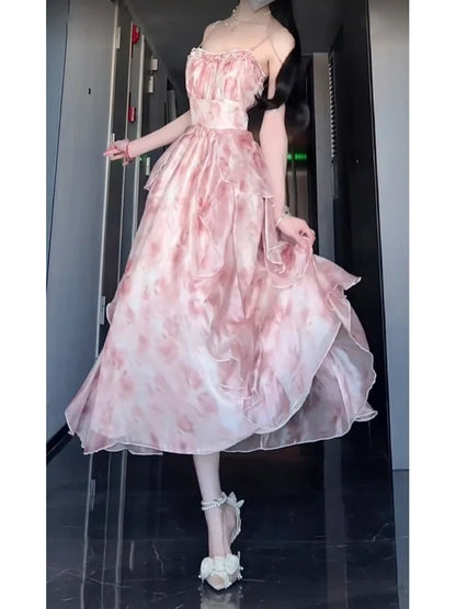 Robe vintage trapèze à bretelles spaghetti, motif floral rose, tenue de fête, d'anniversaire