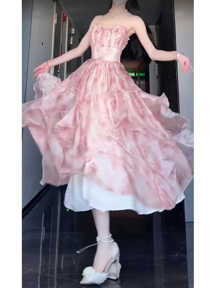 Robe vintage trapèze à bretelles spaghetti, motif floral rose, tenue de fête, d'anniversaire