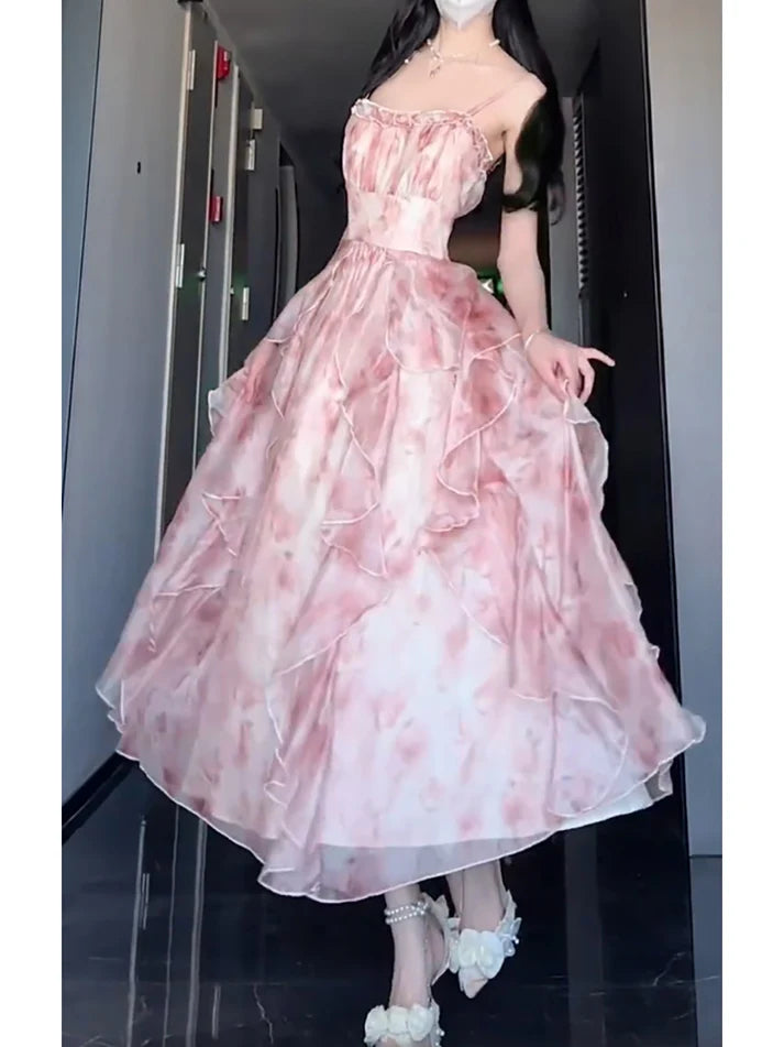 Robe vintage trapèze à bretelles spaghetti, motif floral rose, tenue de fête, d'anniversaire