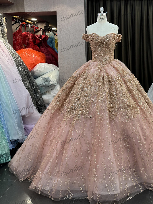 Novo design de vestido de baile com flores rosa e ombros de fora, bordado, vestidos de noite para casamento