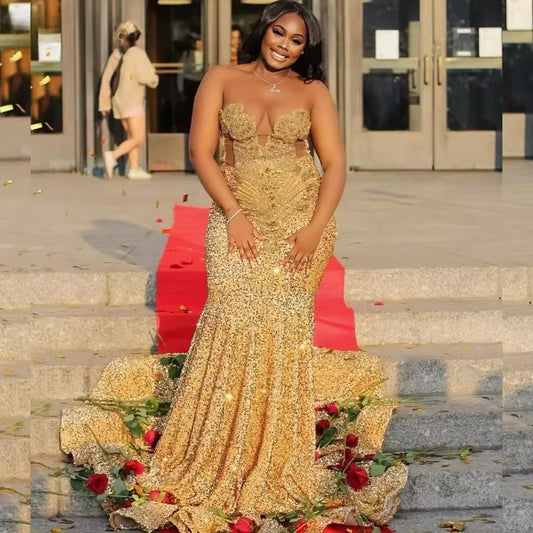 Vestido de fiesta de sirena con lentejuelas doradas personalizado 2025 para chicas negras, vestido de gala con cuentas de cristal y diamantes de imitación.