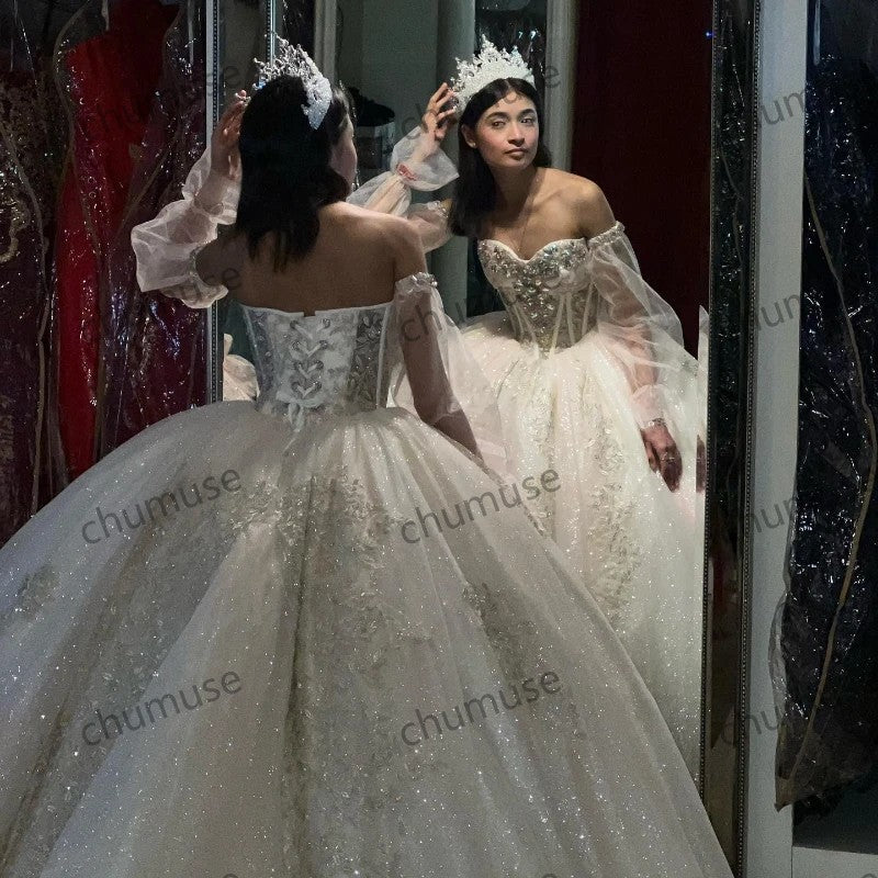 Vestidos de quinceanera com contas de cristal e manga comprida, renda, princesa Cinderela, aniversário