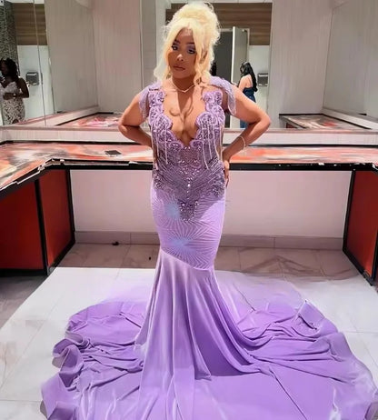 Vestidos de baile lilás elegantes 2025, pretos, para meninas, com strass, veludo, sereia, longo, roxo claro, vestidos de noite personalizados