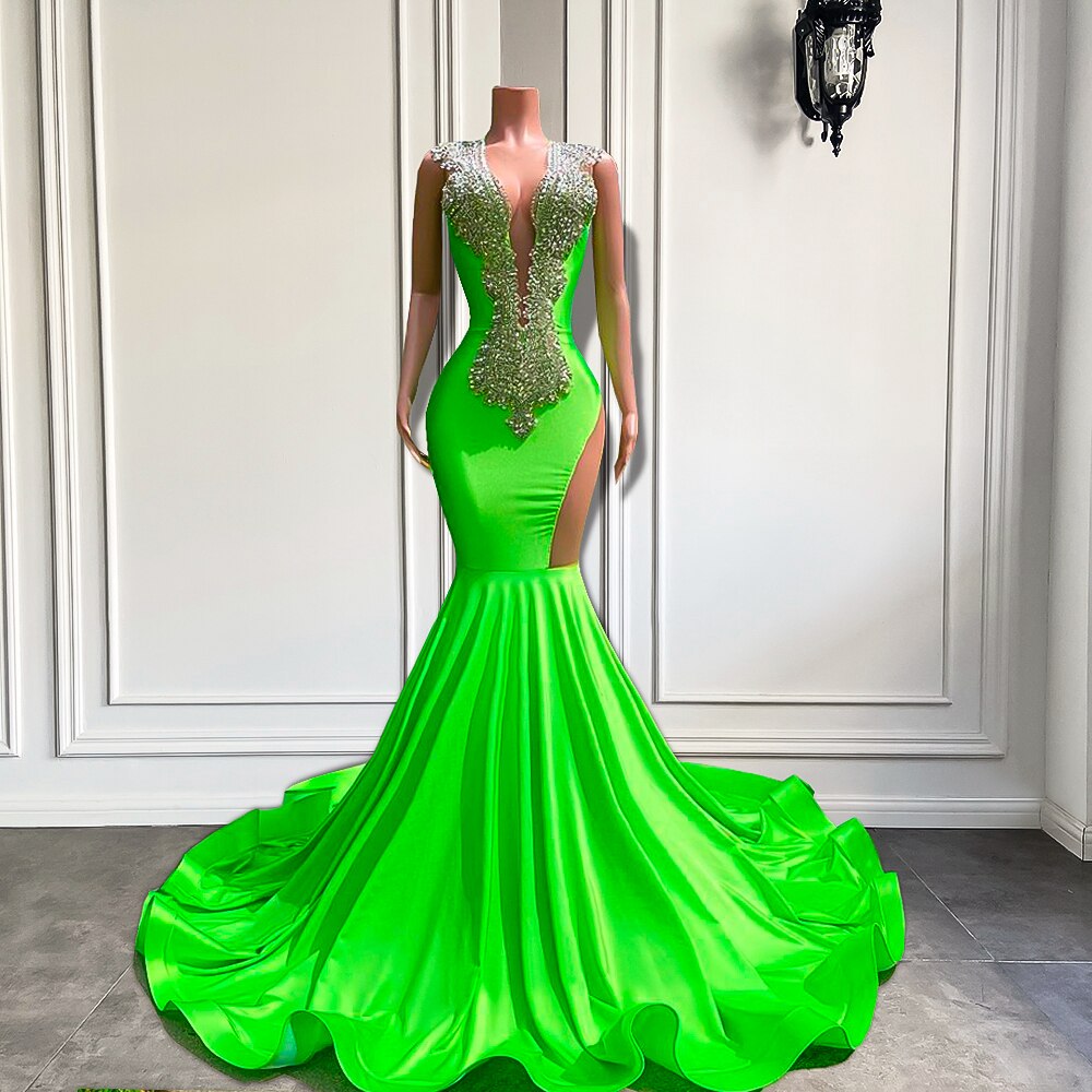 Long Mermaid Style Prom Dresses 2023 Sheer O-neck Fitted Sparkly Silver Diamond Black Girl Green Prom Gala Formal Gowns