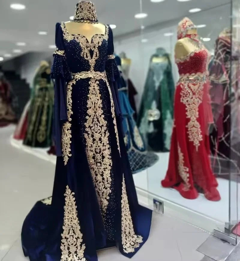 Robe de soirée traditionnelle marocaine bleu marine pour femme, caftan en velours, robe de bal, robe de soirée de mariage algérienne personnalisée