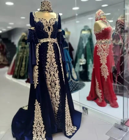 Robe de soirée traditionnelle marocaine bleu marine pour femme, caftan en velours, robe de bal, robe de soirée de mariage algérienne personnalisée