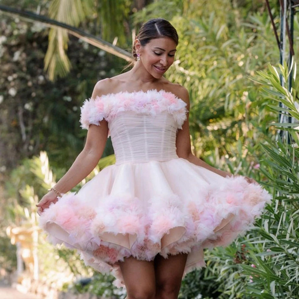 Robe de bal en tulle rose clair à épaules dénudées et volants appliqués Ever Pretty, mini robe de soirée personnalisable, grande taille