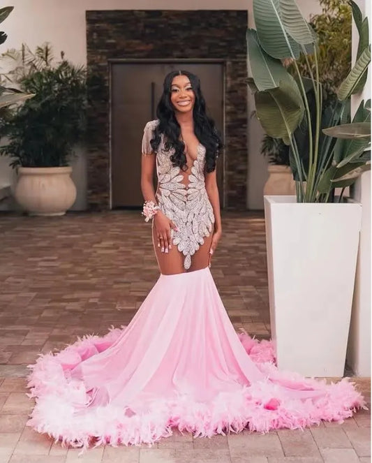 Vestido longo de sereia rosa brilhante, vestido formal de noite, luxuoso, com penas de diamante, malha transparente, tamanho personalizado, para baile de aniversário, gala