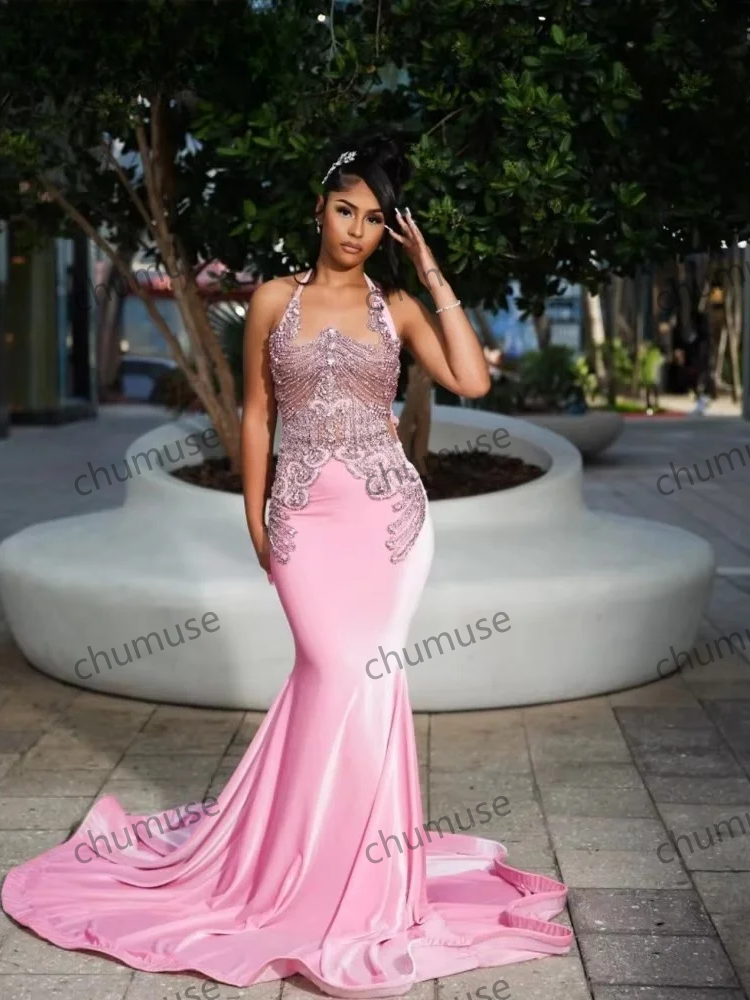 Vestido de baile sereia rosa com contas e strass vestidos de aniversário para meninas negras 