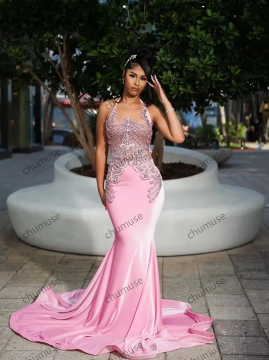 Vestido de baile sereia rosa com contas e strass vestidos de aniversário para meninas negras 