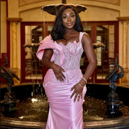 Pink Aso Ebi Prom Dresses With Appliques Lace Sequins Satin African Birthday Party Gowns Satin Side Slit Plus Size Evening Dress