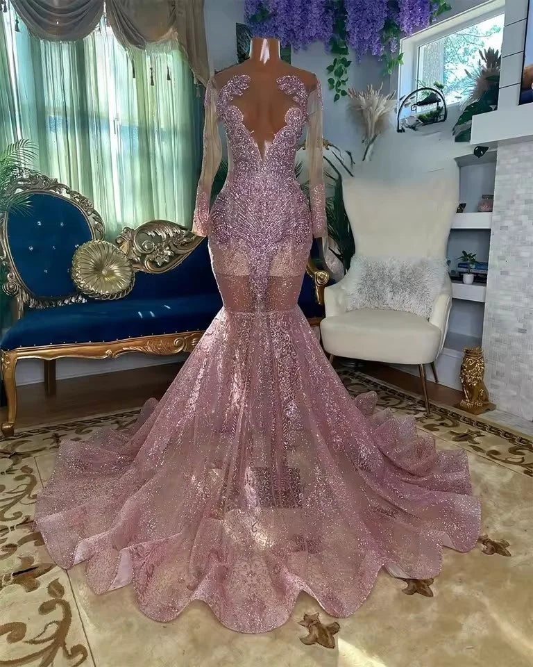 Robe de bal sirène à manches longues et perles de cristal lilas, robe d'anniversaire noire pour filles, robe de cocktail personnalisée, 2025