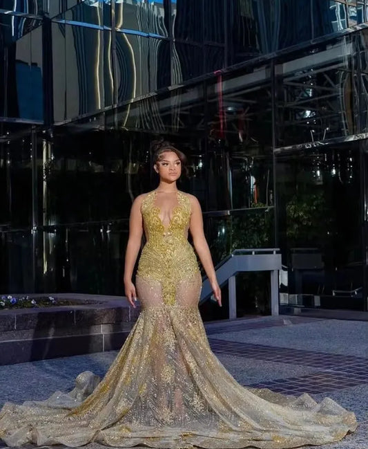 Vestidos de fiesta largos de sirena con brillantes dorados 2025, vestidos de fiesta de lujo con diamantes de imitación transparentes, vestidos de fiesta de cumpleaños personalizados