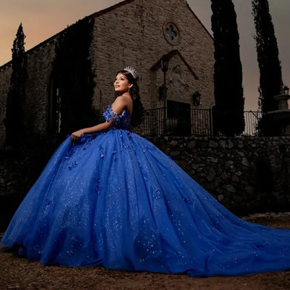 Vestidos de quinceanera azul royal brilhantes, ombro de fora, apliques de tule, vestido de baile, festa de aniversário, vestidos de baile personalizados e fofos