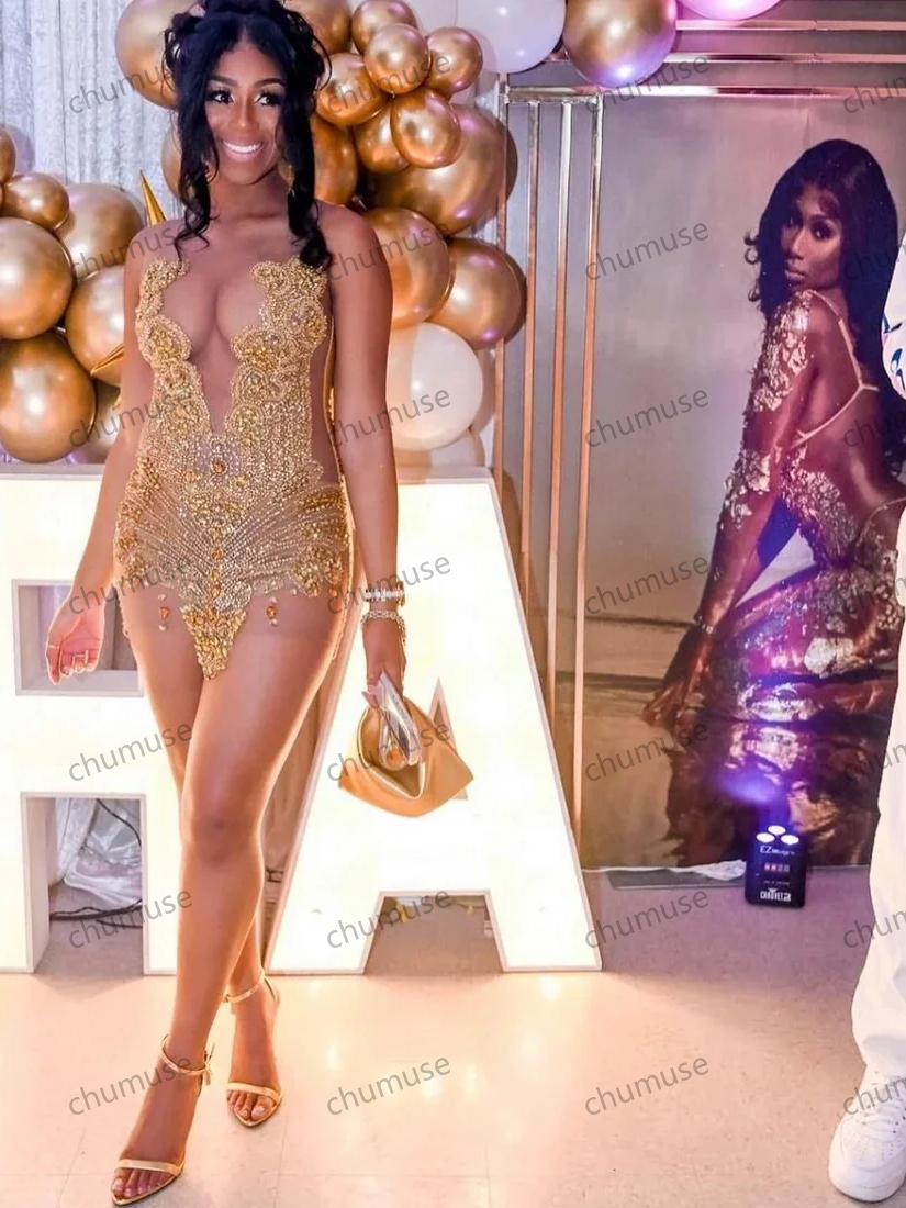 Vestidos de fiesta cortos dorados con cristales transparentes para niñas, vestidos de fiesta de cumpleaños, vestidos de cóctel africanos, vestidos de bienvenida personalizados