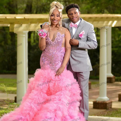 Robe de bal rose à col en V, paillettes, tulle superposé, drapée, plissée, cristal, dos ouvert 