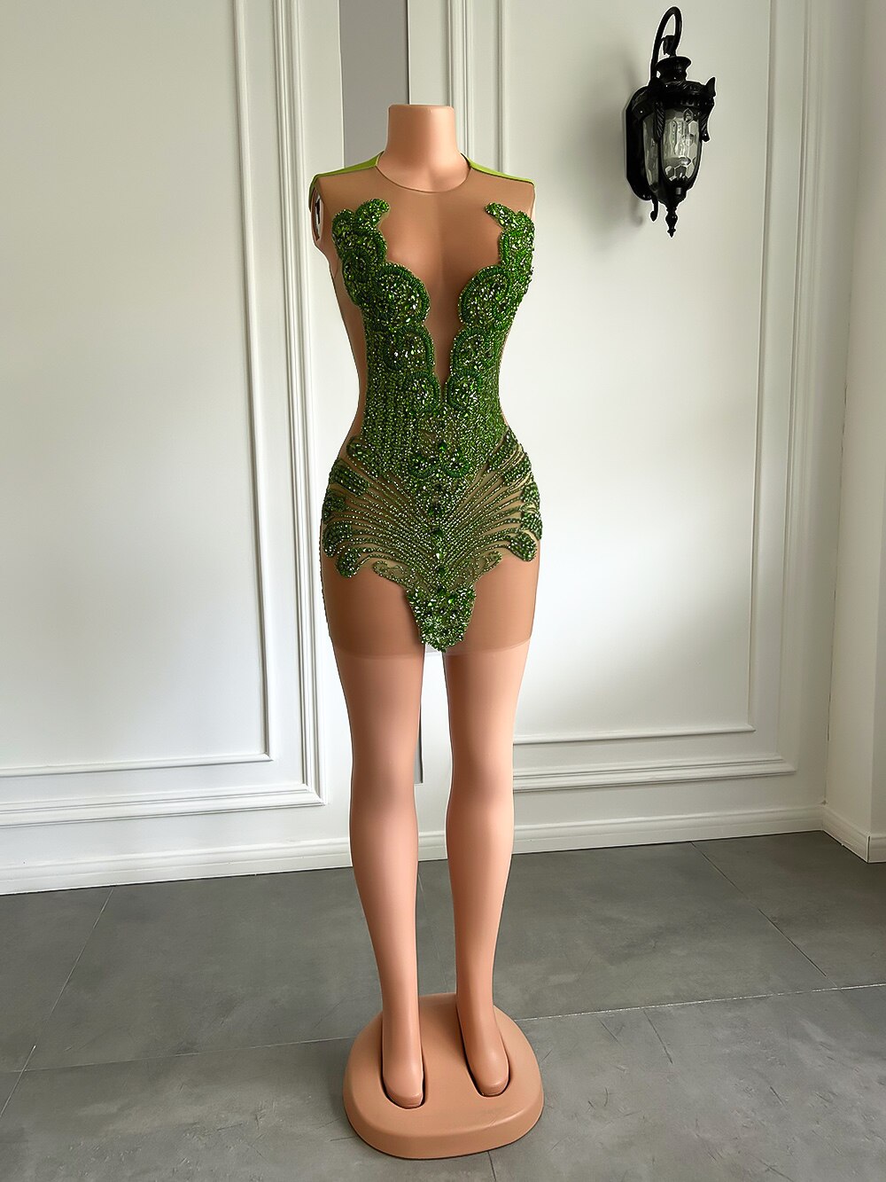 New Sexy See Through Women Birthday Party Formal Gowns Luxury Sparkly Olive Green Diamond Black Girls Short Prom Dresses 2023