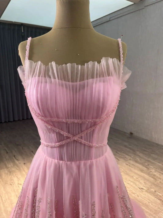 Vestido de noite rosa com alças finas e corte A para mulheres, elegante, vestido de convidado de casamento na Arábia Saudita