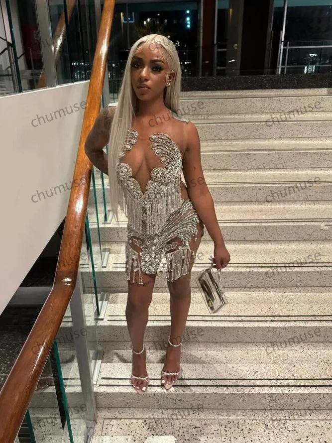 Vestido de festa de aniversário mini com diamantes prateados e brilhantes para meninas negras, vestido de festa de gala com borlas de diamantes luxuosos e malha transparente