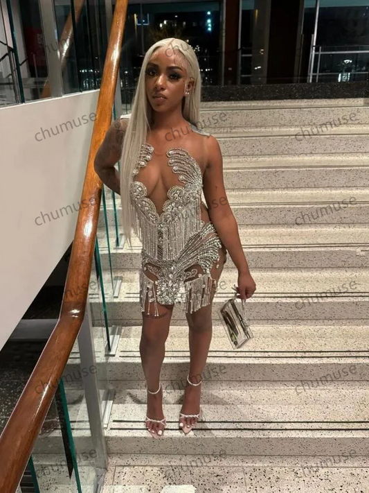 Minivestido de cóctel de noche con diamantes plateados para niña negra, de lujo, con borlas de diamantes, de malla transparente, para fiesta de cumpleaños y gala.