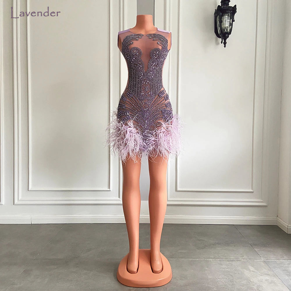 Luxury Pink Diamond Women Birthday Dress Sexy See Through Feather Formal Occasion Cocktail Black Girls Short Prom Dresses 2023