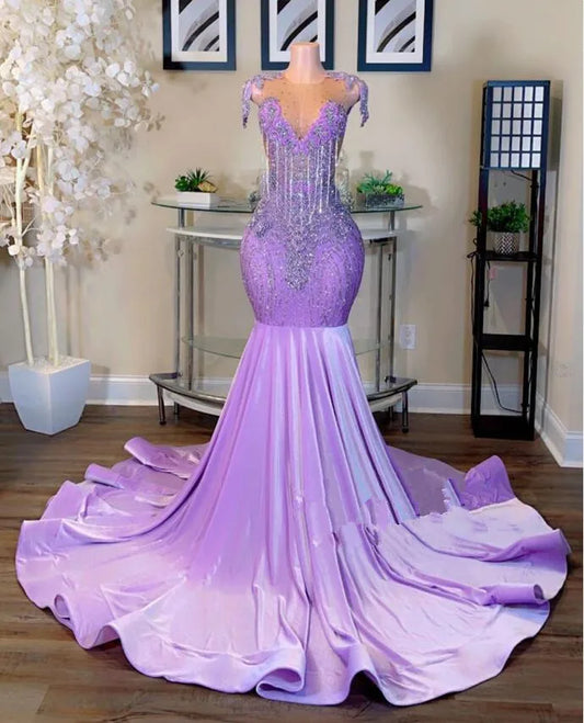 Vestido de fiesta de sirena color lila y morado para mujer, de lujo, con borlas de cristal y diamantes, color negro, para niña, para fiesta de cumpleaños y gala.