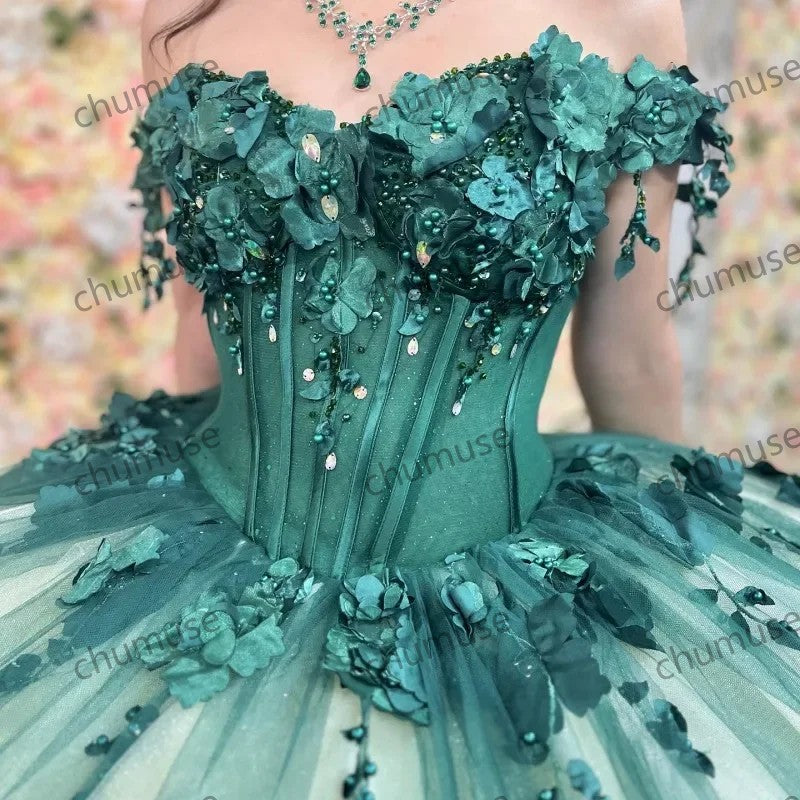 Vestidos de quinceanera verde ombro a ombro com tule, flores 3D, miçangas, concurso de beleza, aniversário 
