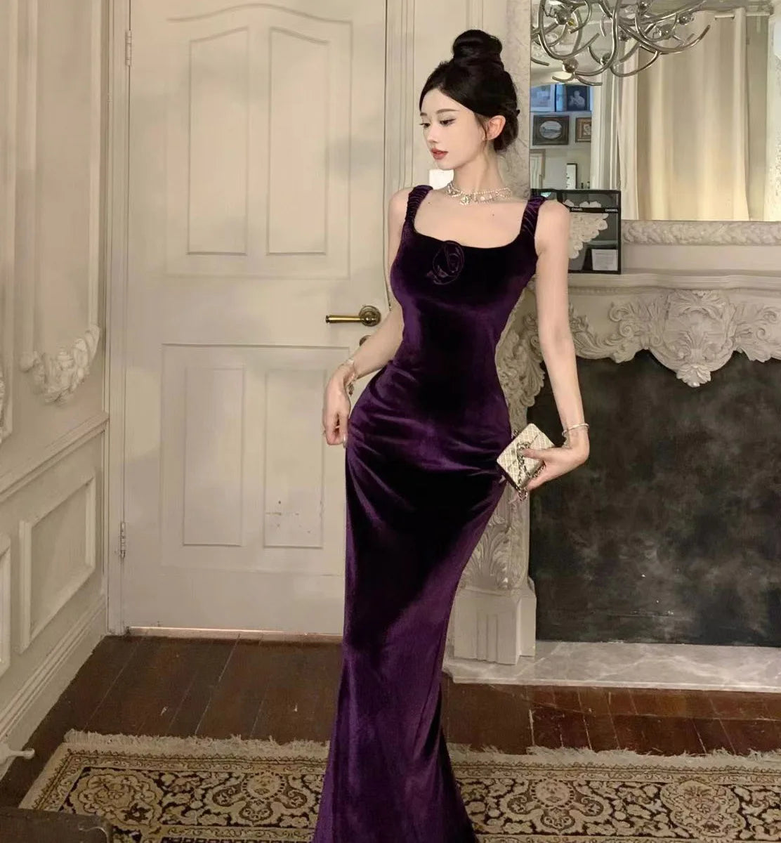 Robe longue une pièce en velours sans manches, robe violette élégante pour femme, robe de soirée longue