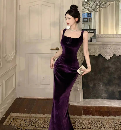 Robe longue une pièce en velours sans manches, robe violette élégante pour femme, robe de soirée longue