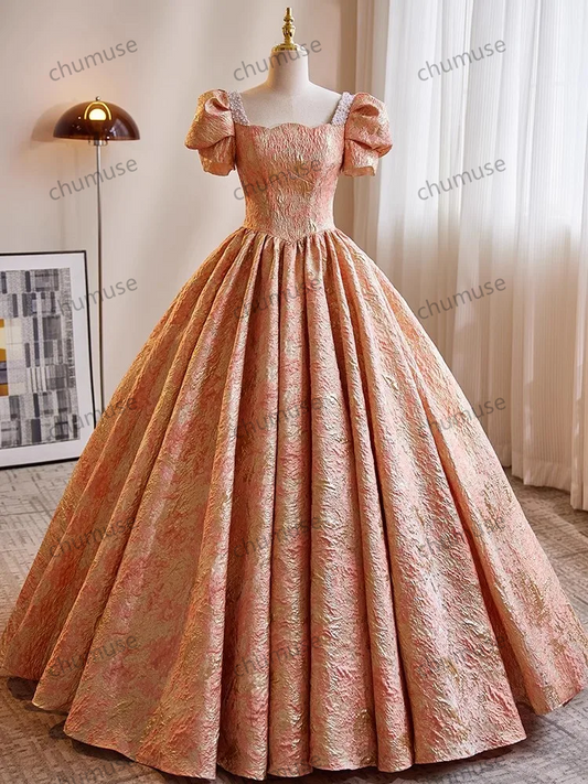 Customized Formal Prom Dress Retro Beading Pearls Square Collar Puff Sleeve Ball Gown Elegant Women Long Banquet Party Dress