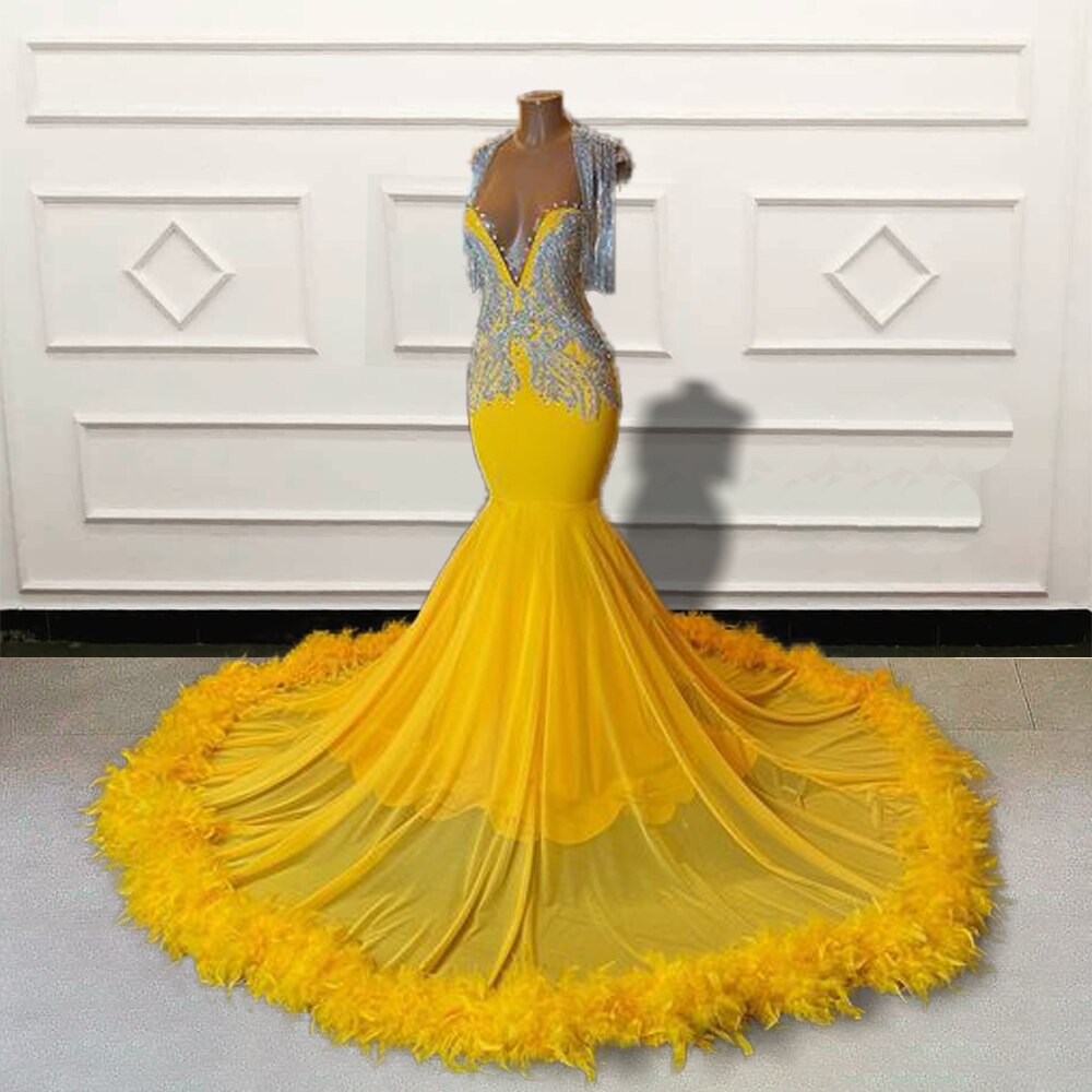 Vestidos longos de baile de sereia com penas e contas para meninas negras, para festa de formatura, luxuosos, amarelos, personalizados, para noite formal 