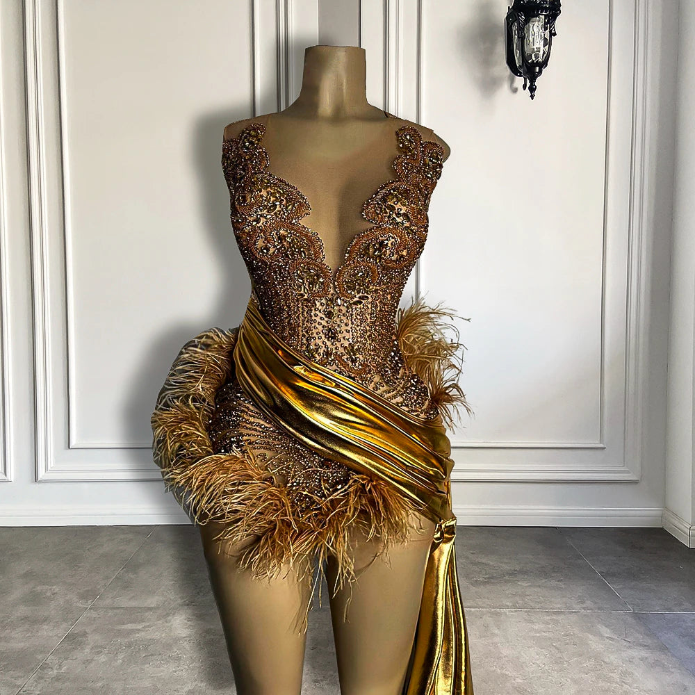 Luxury Gold Diamond Formal Occasion Cocktail Dresses Sheer Sexy See Through Black Girls Feather Short Prom Dresses 2023 Birthday