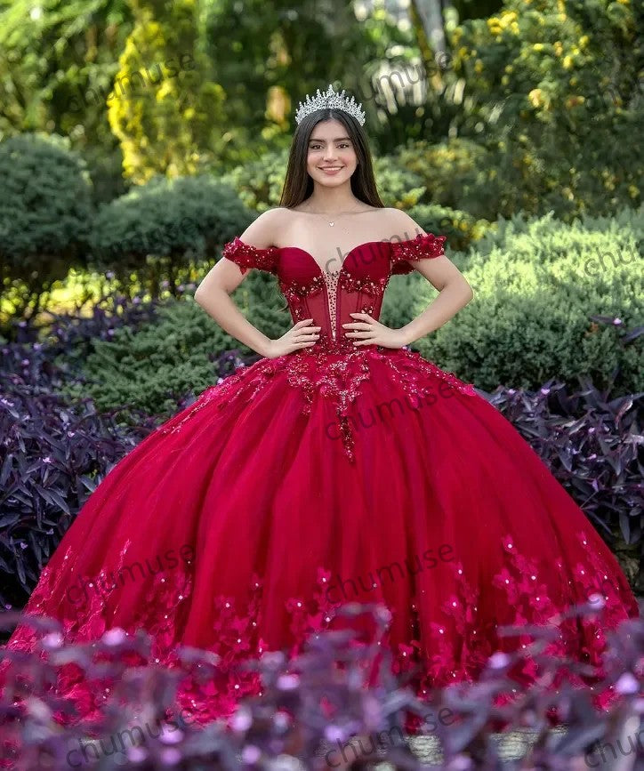 Vestido de 15 anos com apliques florais 3D, strass, lantejoulas e tule em camadas, princesa 