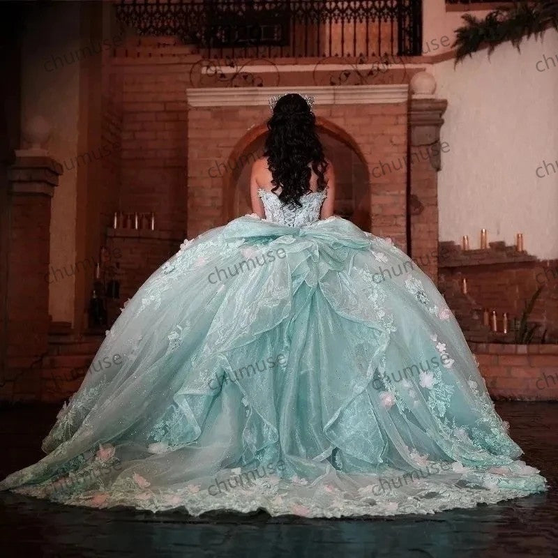 robe de quinceanera vert menthe, robe de bal rose