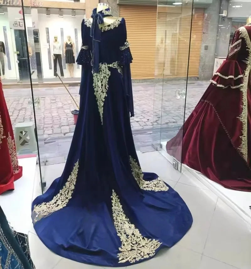 Robe de soirée traditionnelle marocaine bleu marine pour femme, caftan en velours, robe de bal, robe de soirée de mariage algérienne personnalisée