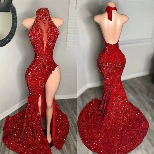 Vestidos de fiesta de sirena con lentejuelas rojas brillantes 2025, sexy, con cuello halter y cuentas, abertura lateral, vestido de fiesta de cumpleaños personalizado