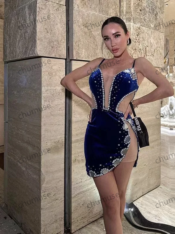 Robe de soirée moulante de luxe bleue à diamants, sexy, sans bretelles, noire, pour cocktail, soirée, défilé, club