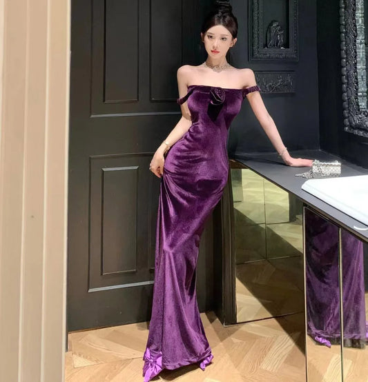 Vestido longo de veludo sem mangas, peça única, roxo, feminino, elegante, festa, maxi vestido
