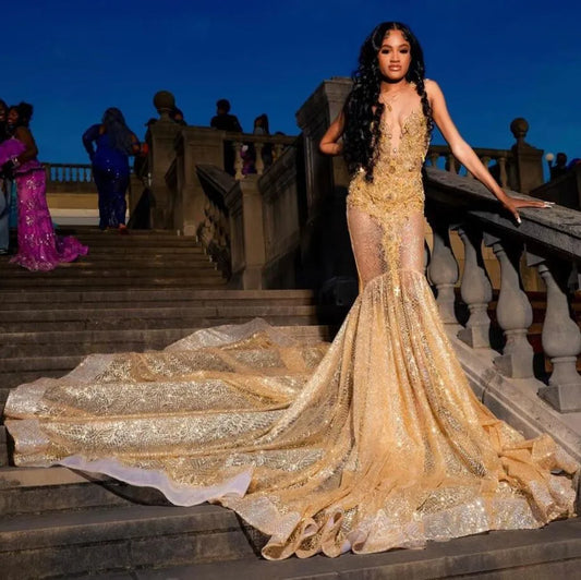 Vestido de fiesta de sirena de lujo dorado para mujer, vestido de reina de baile con brillantes diamantes de imitación y cola larga, vestido de noche de cumpleaños para niña, bata de baile