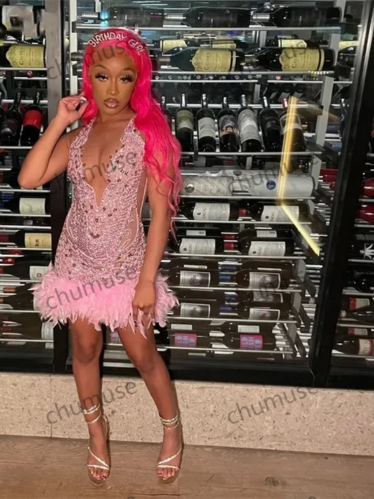 Vestido de baile de diamantes rosa luxuoso com contas brilhantes, cristal, strass, penas, aniversário