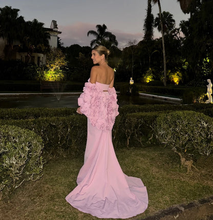 Vestidos de baile sensuais rosa de três peças com capa de flores e babados, sereia, longos vestidos de noite para gestantes