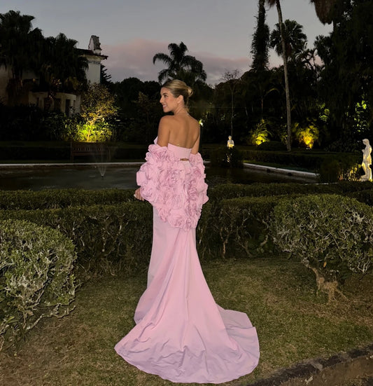 Vestidos de baile sensuais rosa de três peças com capa de flores e babados, sereia, longos vestidos de noite para gestantes